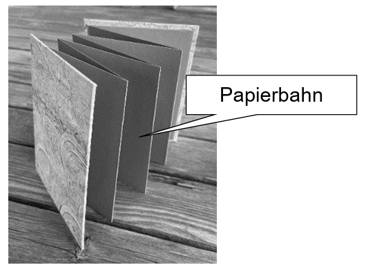 Gefaltete Papierbahn in Zickzackform auf einer Holzoberfläche